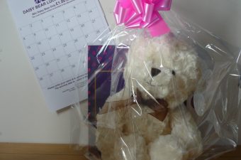 A Cancer Support Yorkshire Daisy Bear Lucky Squares Competition entry sheet and teddy bear prize