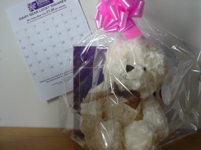 A Cancer Support Yorkshire Daisy Bear Lucky Squares Competition entry sheet and teddy bear prize