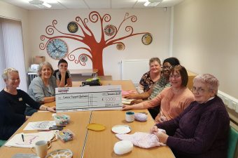 The create and chat group: Christine Stephenson, Nicole Parker, Shelley Whiteley, Angela Oldfield, Veronica Browne, Barbara Friedbach & Christine Bryant, with a cheque for £1000.00 for Cancer Support Yorkshire!